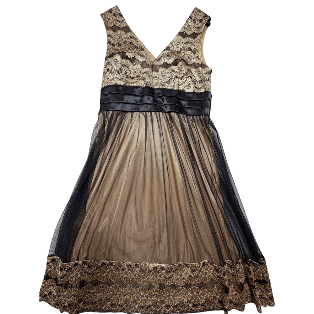 Vintage 2000s Gold Black Metallic Lace Mesh Cocktail Dress Size‎ 12 Whimsigoth